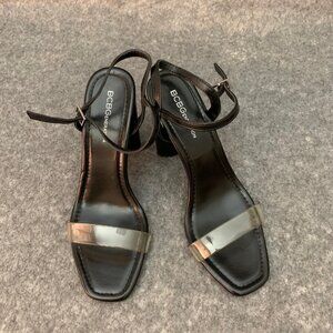 BCBGeneration Women's Black Ankle Buckle Strap Back Chunky Heel Open Toe Sandals